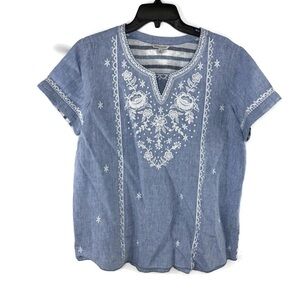 John Mark Blue Linen  Embroidered Women's Top